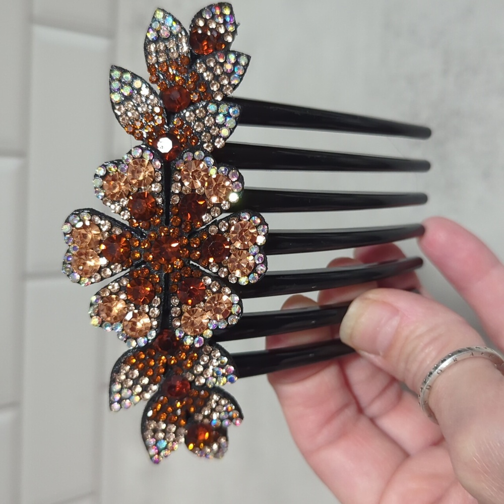 Copper Ombre Floral Rhinestone Hair Comb Large Size